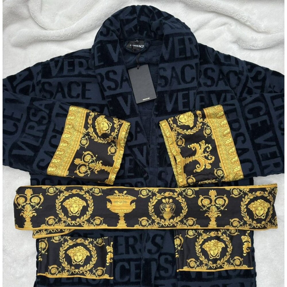 Versace Navy / Gold Baroque Embossed Robe